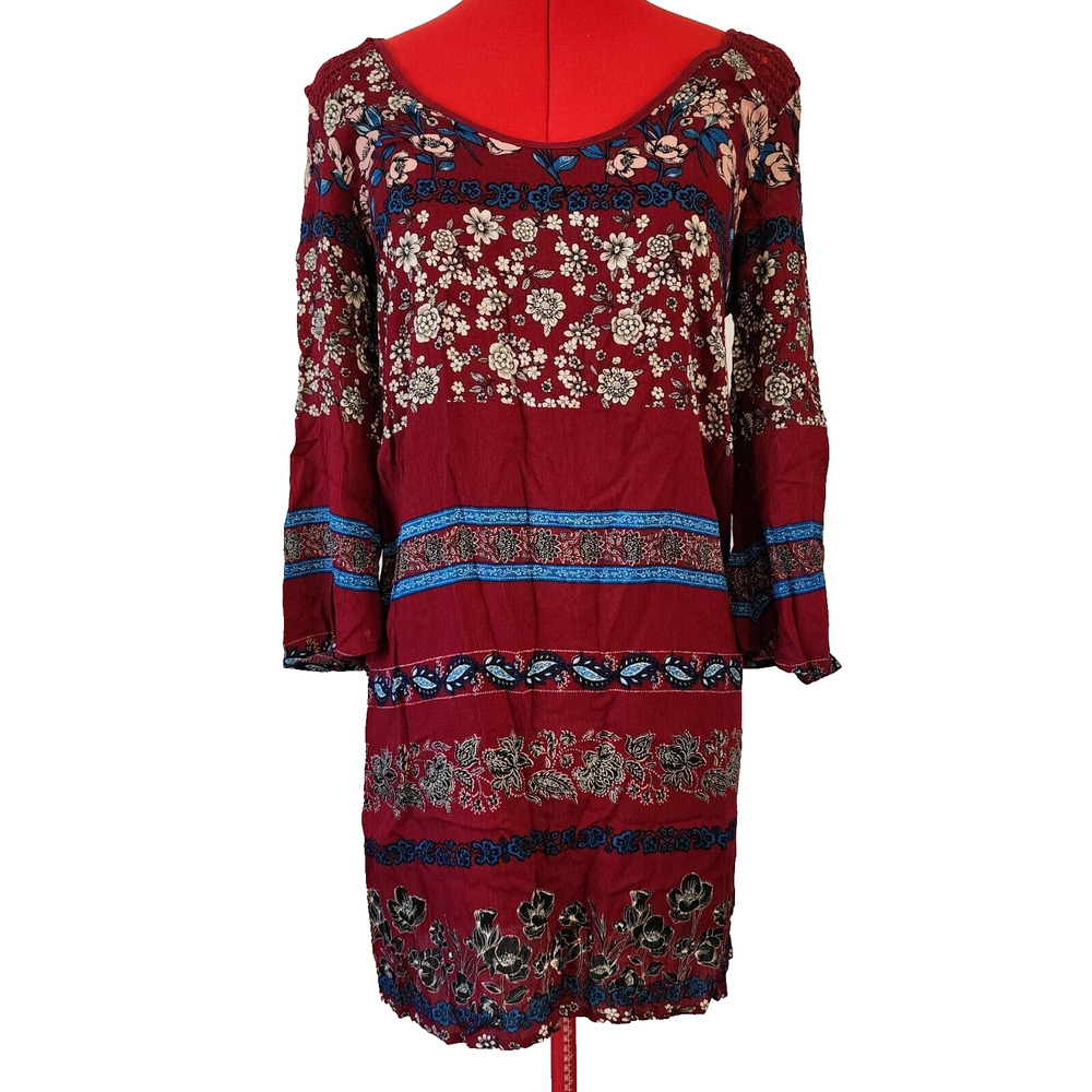 NWT ALYA Red Maroon Boho Peasant Tunic Lace Back Cut Out Dress Size S